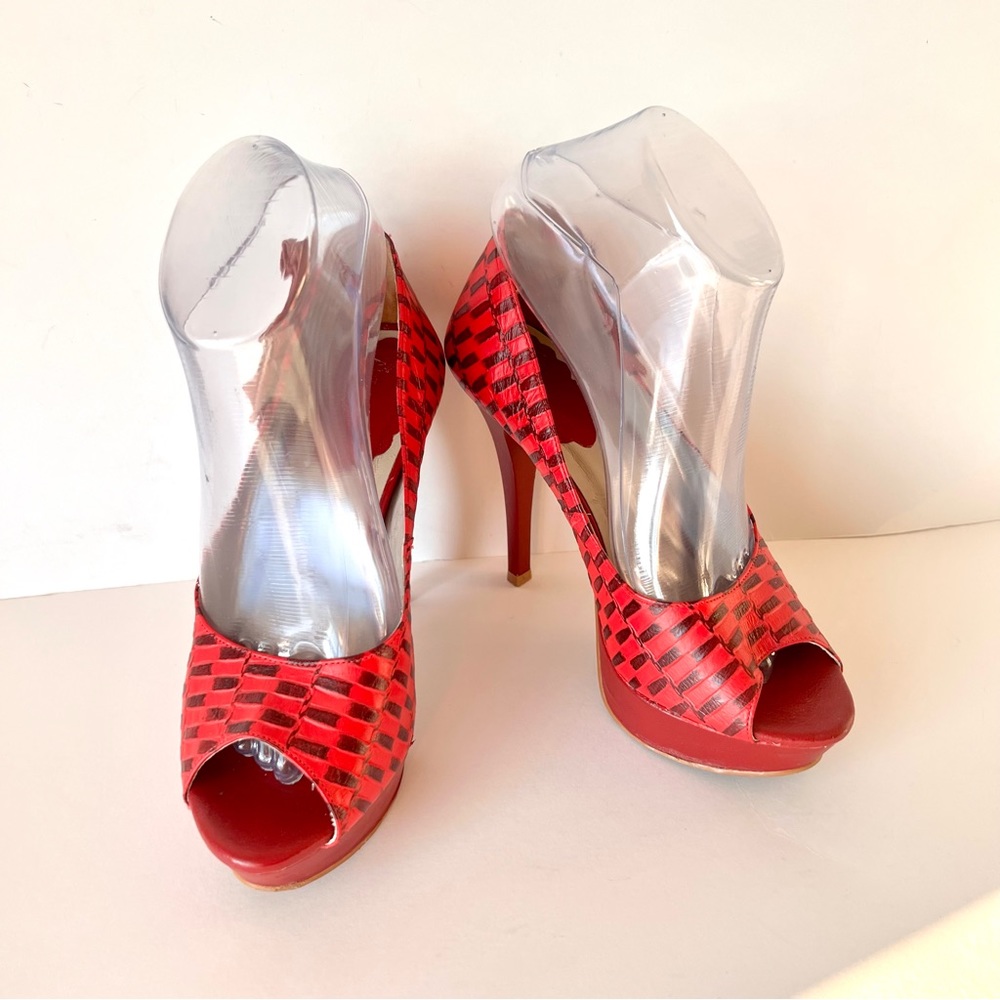 ART COUROS Checkered Side Bow Peep Toe Platform Heels—SZ. 6